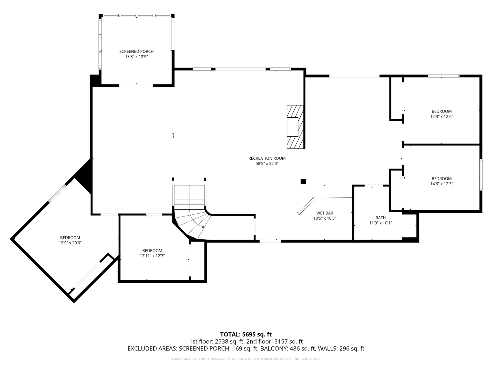 Lower floor plan showing recreation room, wet bar, four bedrooms, and bathroom layout